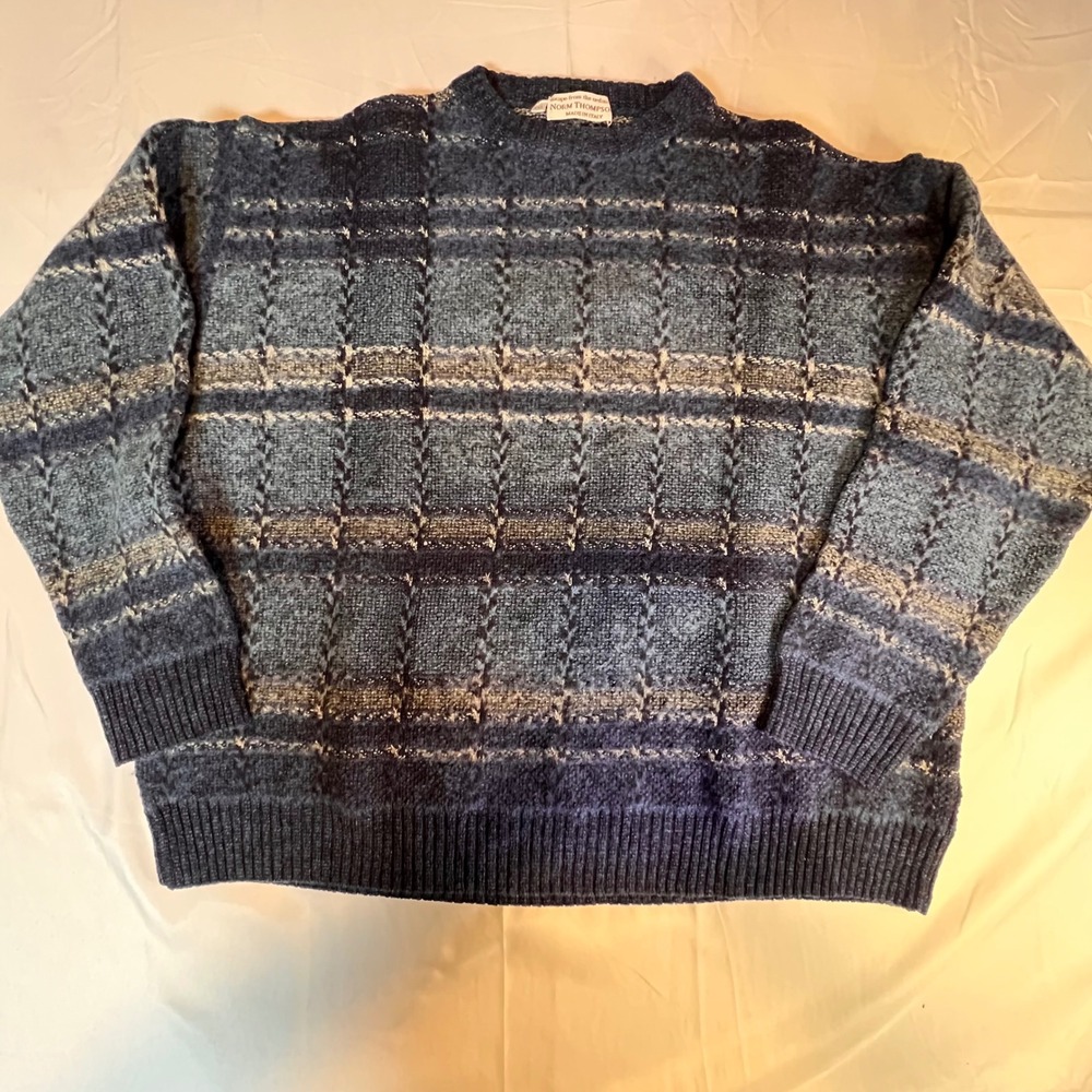 Norm Thompson XXL Crewneck‎ Sweater Mens Blue Made in Italy Textured Grid Knit